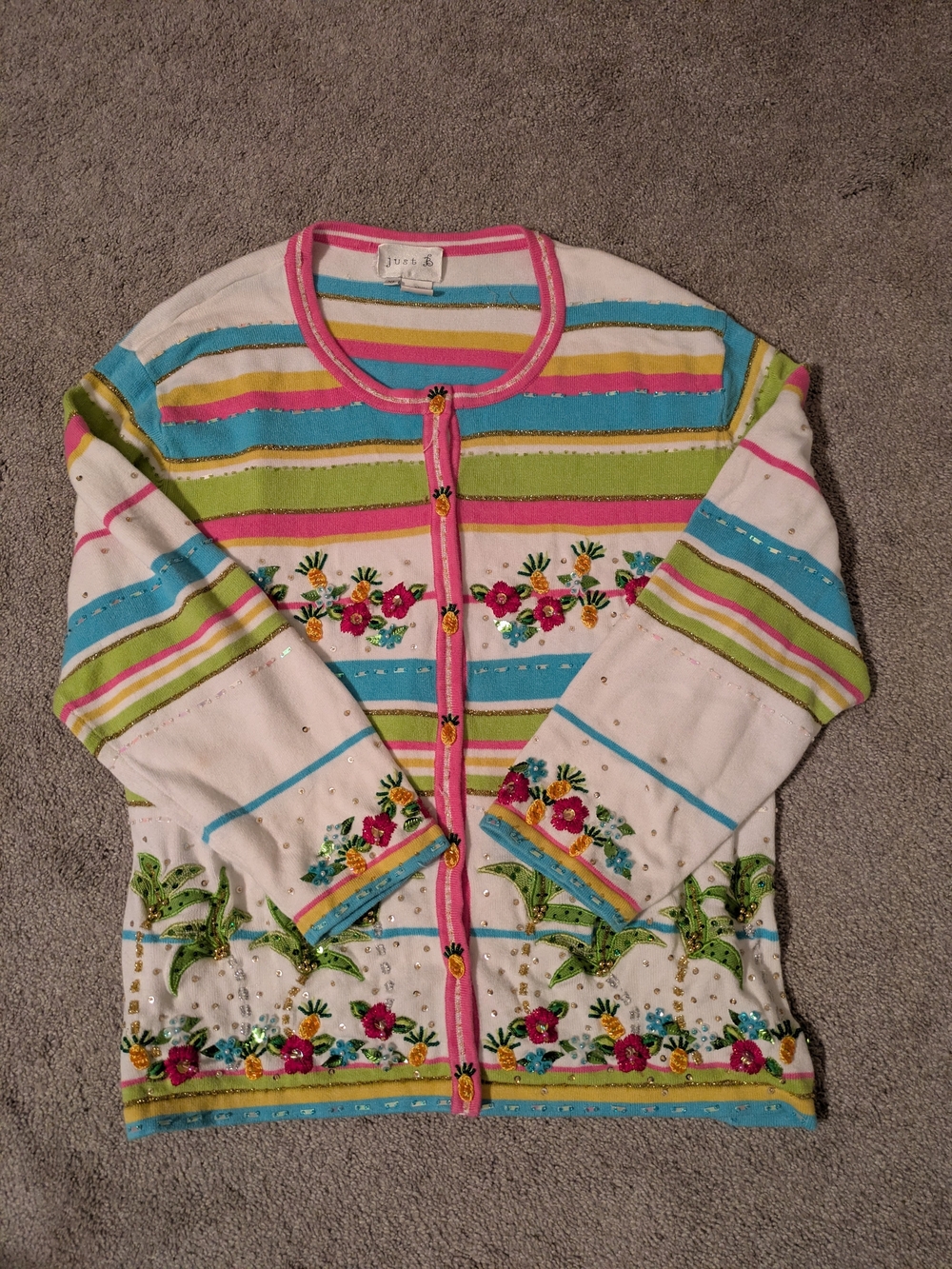 Vintage Just B Tropicalcore Beaded Cardigan Embroidered Resortwear Coastal XL
